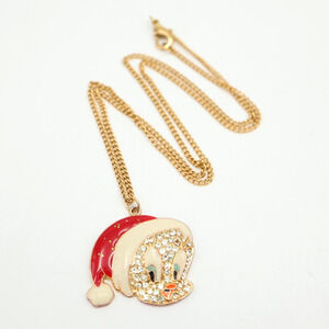 Vintage 2004 Tweetie Bird Santa Necklace Gold Tone Jeweled Putting on the Glitz